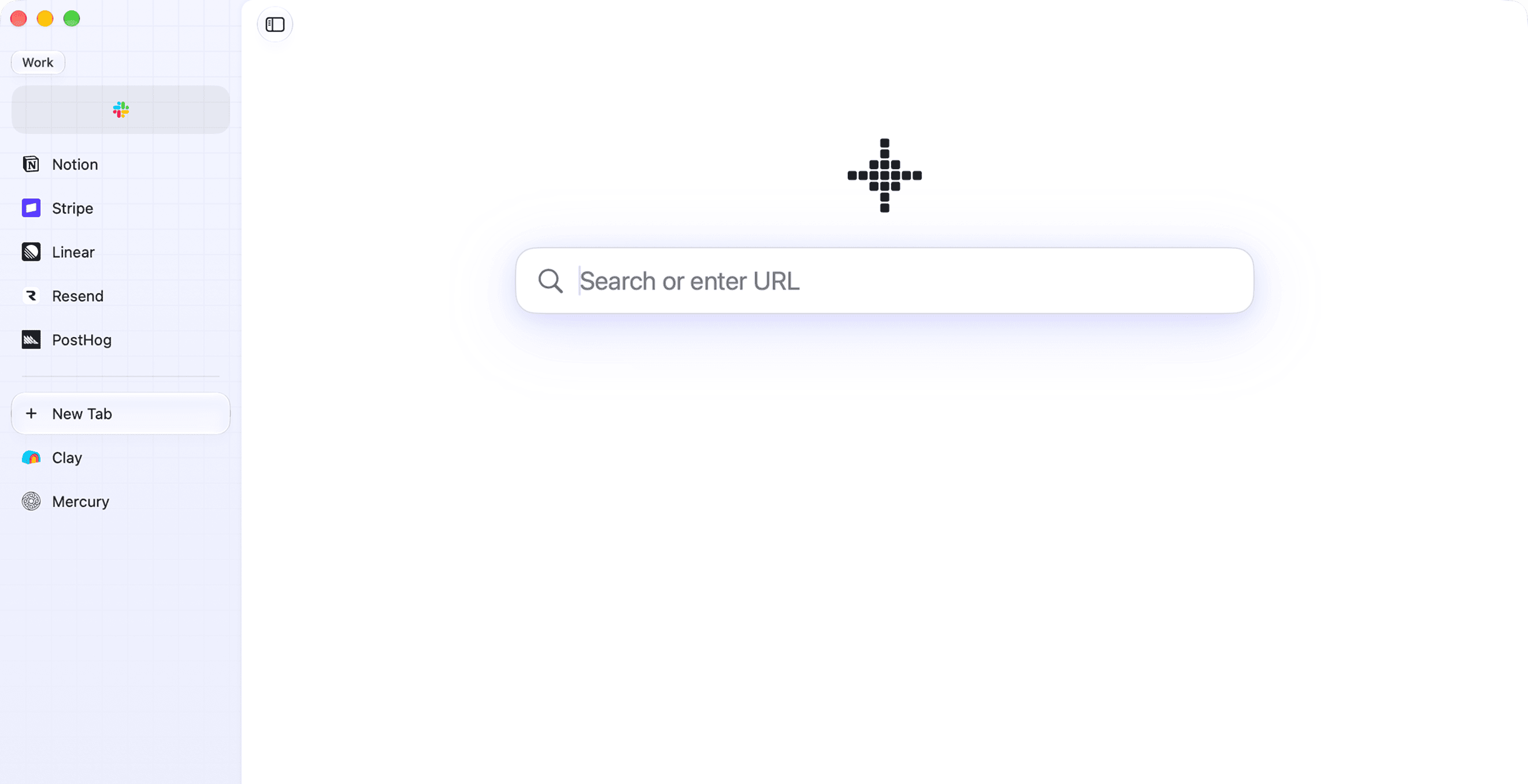 Fey with the Work space open: Slack as a favorite, Notion, Stripe, Linear, Resend and PostHog pinned, and Clay and Mercury open in the sidebar.